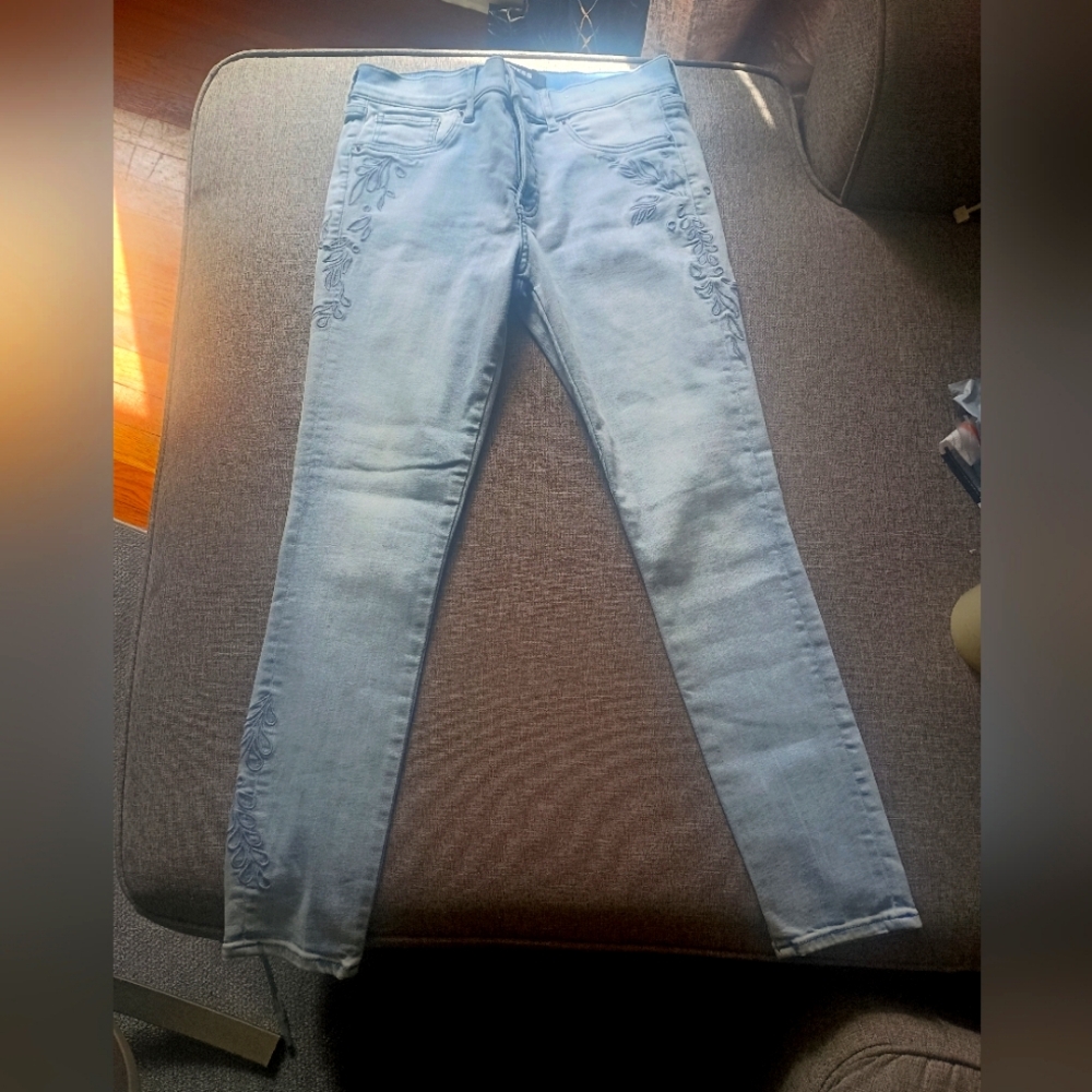 Express Light Blue Skinny Denim Jeggings with Floral Embroidery Detail